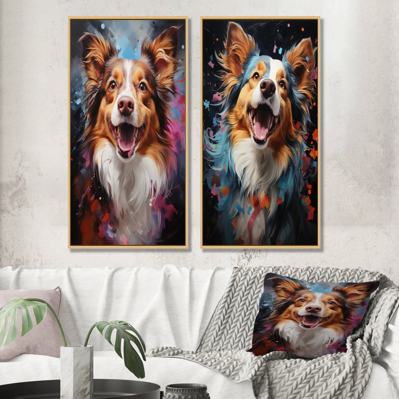 Papillon Prance - ensemble de 2 impressions sur toile de chien, Encadrement brun, H 40 po x l 41 po