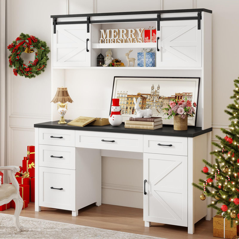 67''H Executive Desk With Hutch & 5 Drawers, Black/White