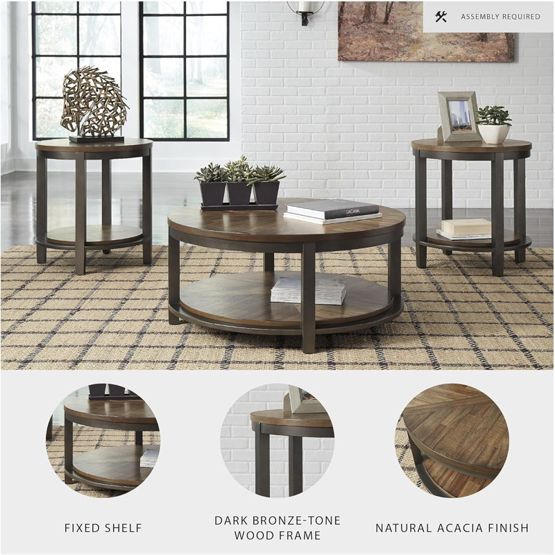 Rustic 3-Piece Round Table Set – Light Brown Coffee Table & Two End Tables With Fixed Shelves