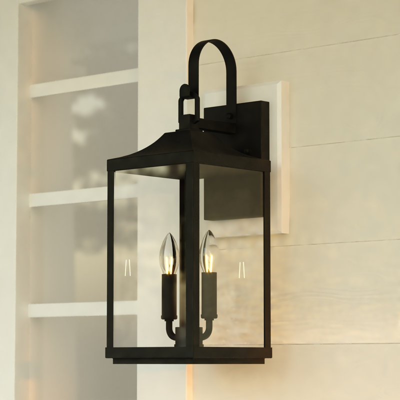 Mack 19.5 in. H 2-Light Textured Black Transitional Outdoor Wall Sconce made of Durable Metal, Clear Glass Shade, LED Compatible, Use for Exterior Porch Patio Front Door or Garage