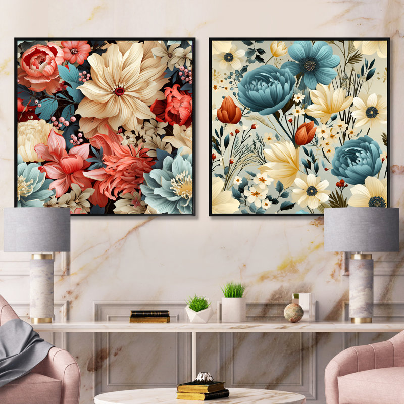 Rose, blanc et bleu Boho Floral Harmony - Ensemble de 2 collages floraux carrés, Cadre flottant noir, H 16 po x l 33 po