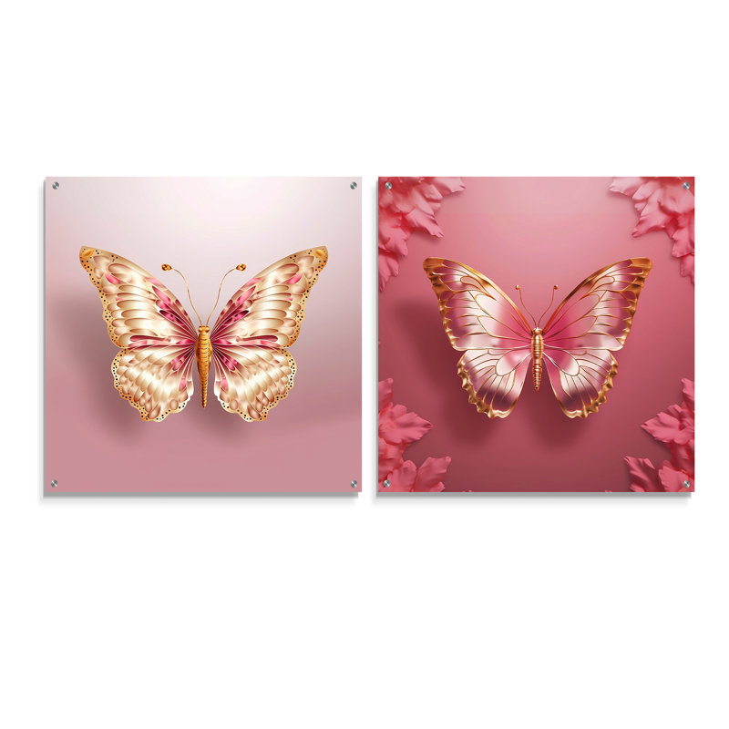Black And Gold Diamonds Butterly I - Butterfly Acrylic Wall Art Glass Set Of 2, 30" H x 61" W