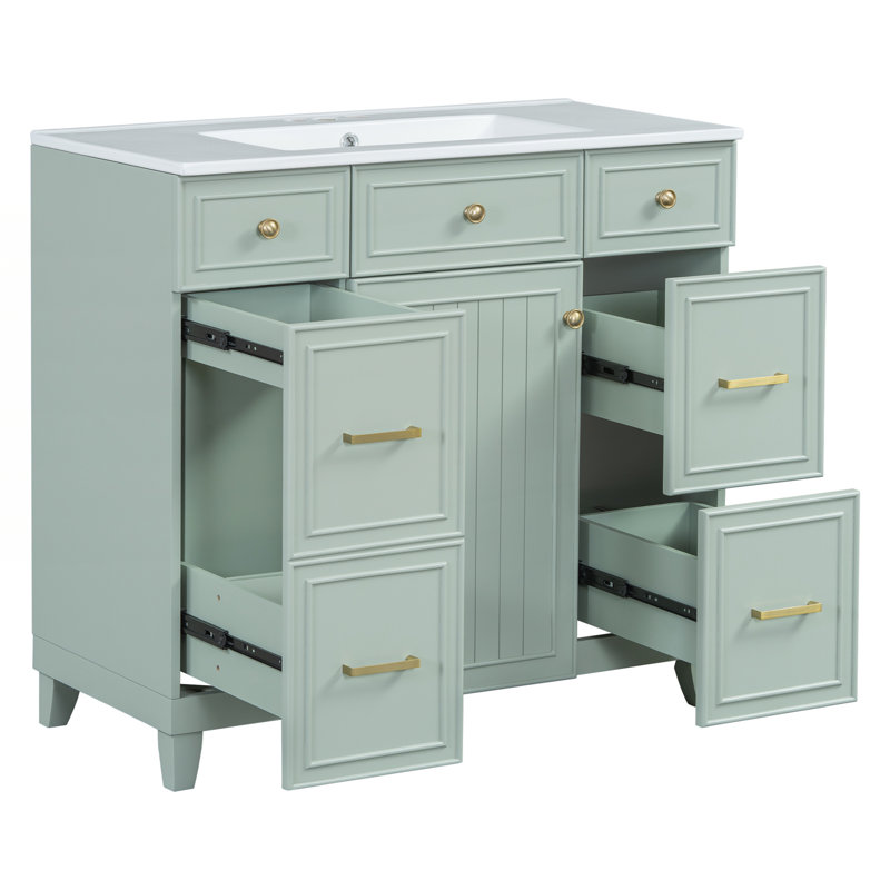 Meuble-lavabo 36 po avec lavabo en céramique, Vert, Doré