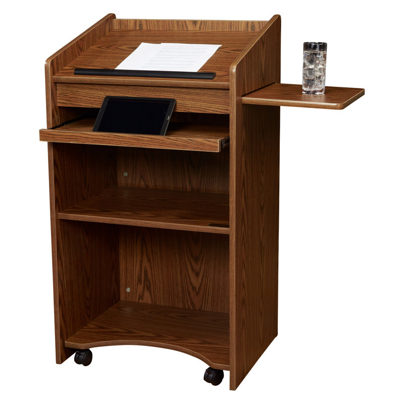 Medium Oak Rolling Workstation Lectern with Shelves