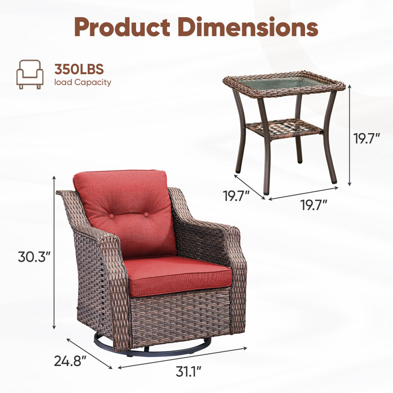 Chaises berçantes pivotantes d'extérieur en rotin 3 pièces avec table d'appoint en verre, Rouge