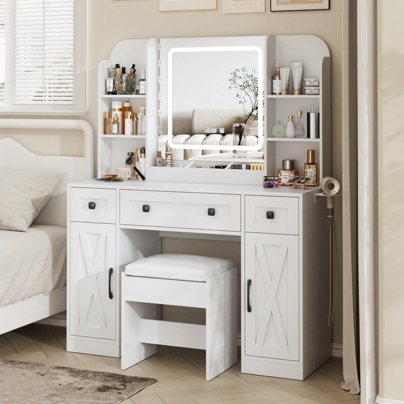 Miroir de salle de bain avec lumières et tabouret, Blanc