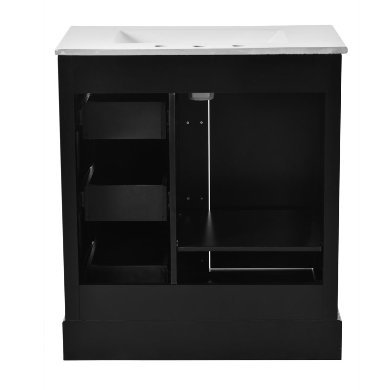 Armoire de meuble-lavabo 30 po avec lavabo en céramique, 3 tiroirs et tablettes réglables, Noir, noir, noir, noir