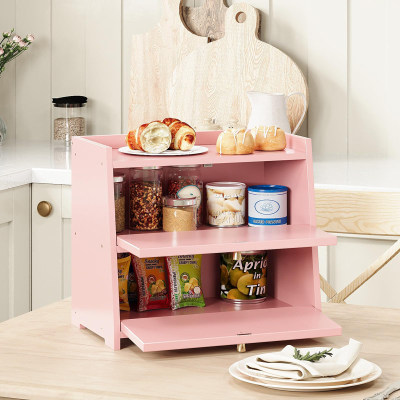 Vintage Double Layer Bread Box For Kitchen Counter Bamboo Bread Storage Container Large Capacity Bread Storage Bin (Pink)