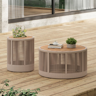 Patio Coffee Table Set With Round Wood Top,Rattan rope