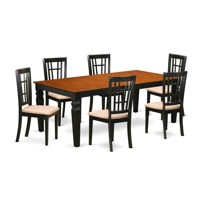 7 Piece Dinette Set Consist of a Rectangle Dining Room Table with Butterfly Leaf and 6 Linen Fabric Dining Chairs, Black & Cherry