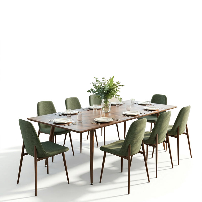 9-Piece Extendable Dining Table Set with 8 Upholstered Chairs, Rectangular Table with Leaf Storage, Green