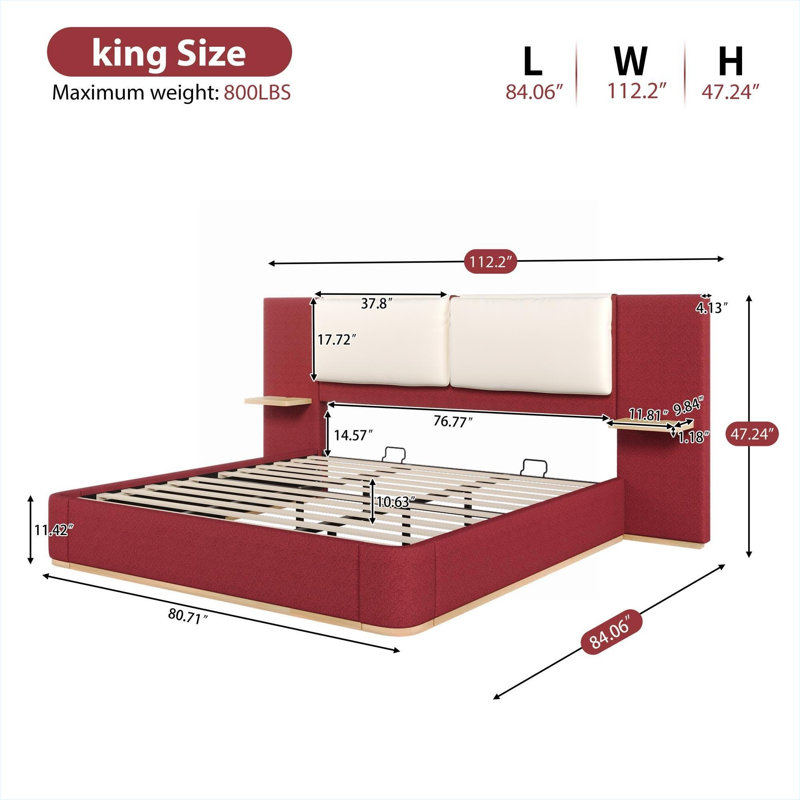 Upholstered Platform Bed Frame King Size Storage Angle Red-Toned Solid Construction No Box Spring Needed With Anti-Collision Rounded Corners