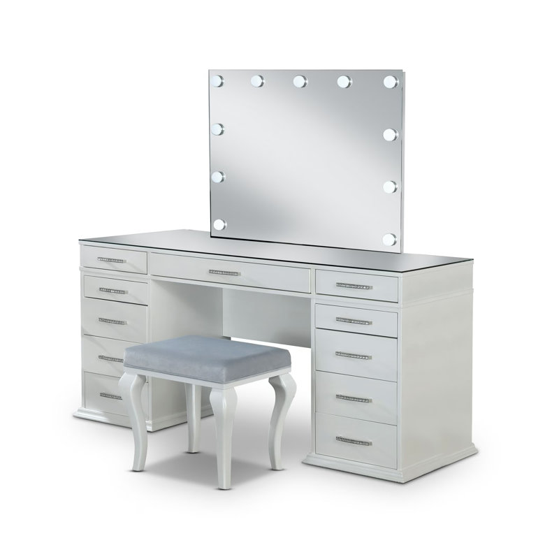 60.4" W Glam Vanity Set, White, White