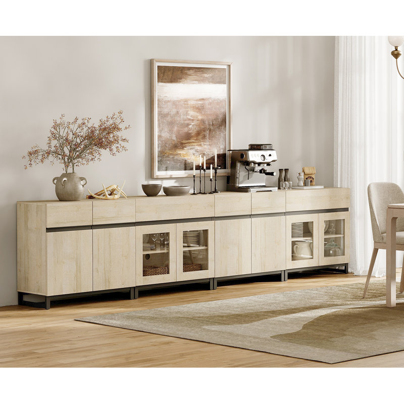 4 In 1 Sideboard Buffet Cabinets With Glass Doors And 2 Drawers, Modern Sideboard Credenza With Adjustable Shelf And Metal Base, Coffee Bar Cabinet Storage Cabinet For Kitchen