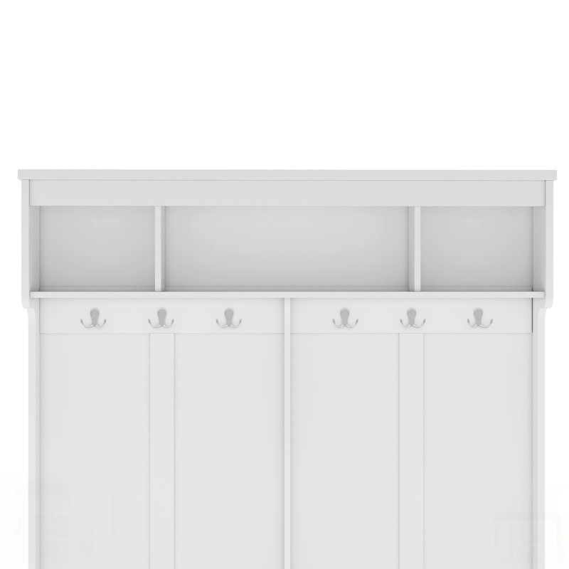 Modern Hallway Hall Tree With Metal Hooks And Storage Space, Multi-Functional Entryway Coat Rack With Shoe Cubbies, White