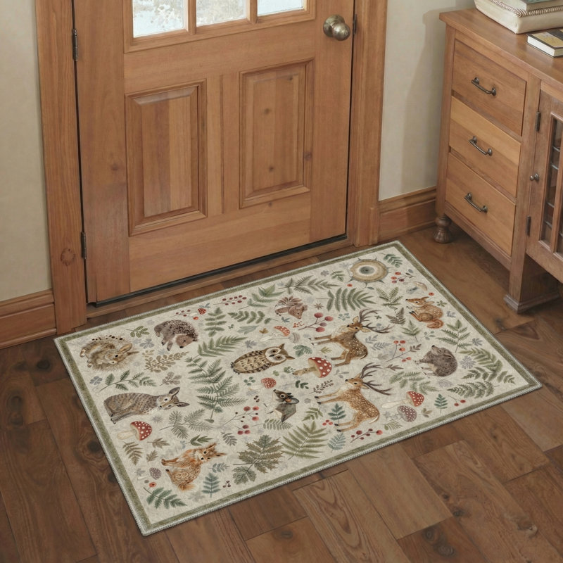 Aarna Woodland Rustic Animals  Beige&Brown Area Rug, Washable Kids Rug with Non-Slip Backing, Rectangle 6' x 9', Brown