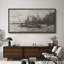 «Rustic Countryside Serene Lakeside Gravure, paysage nautique monochrome encadré»-98042126-111176909