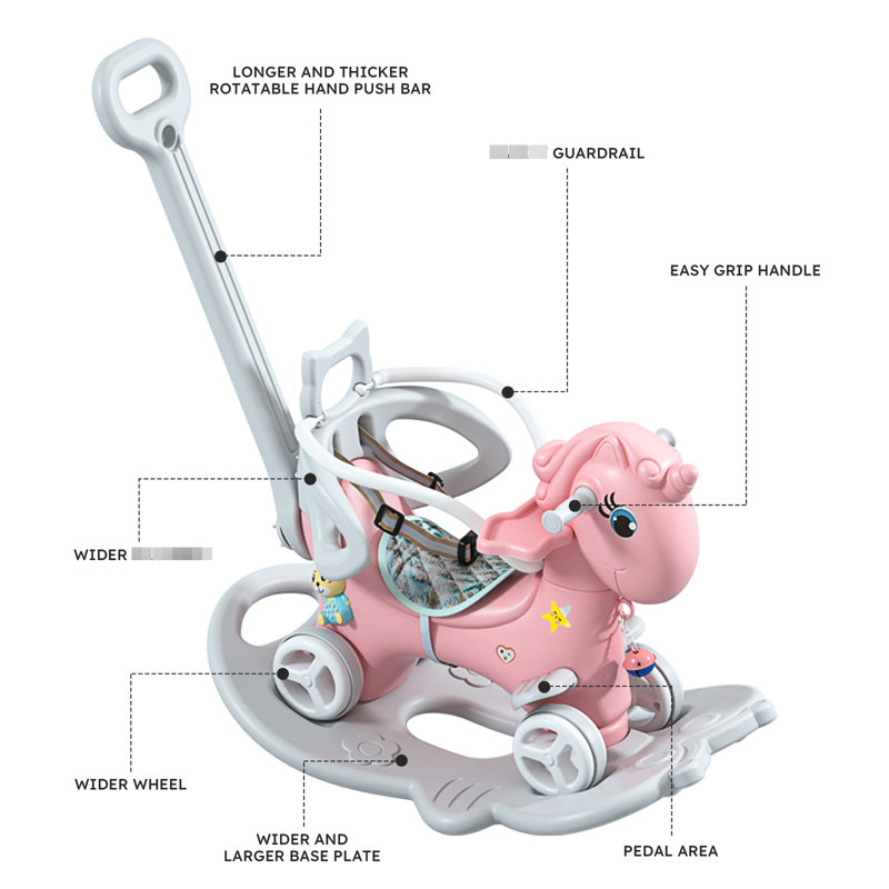 Description de Cheval à bascule rose, vélo d'équilibre avec poignée de poussée et planche
