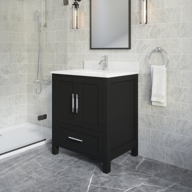 Meuble-lavabo simple de l 30 po x P 22 po Banff Espresso avec plateau en pierre reconstituée, organisateur de tiroir et lavabo encastré en céramique, pré-assemblé 