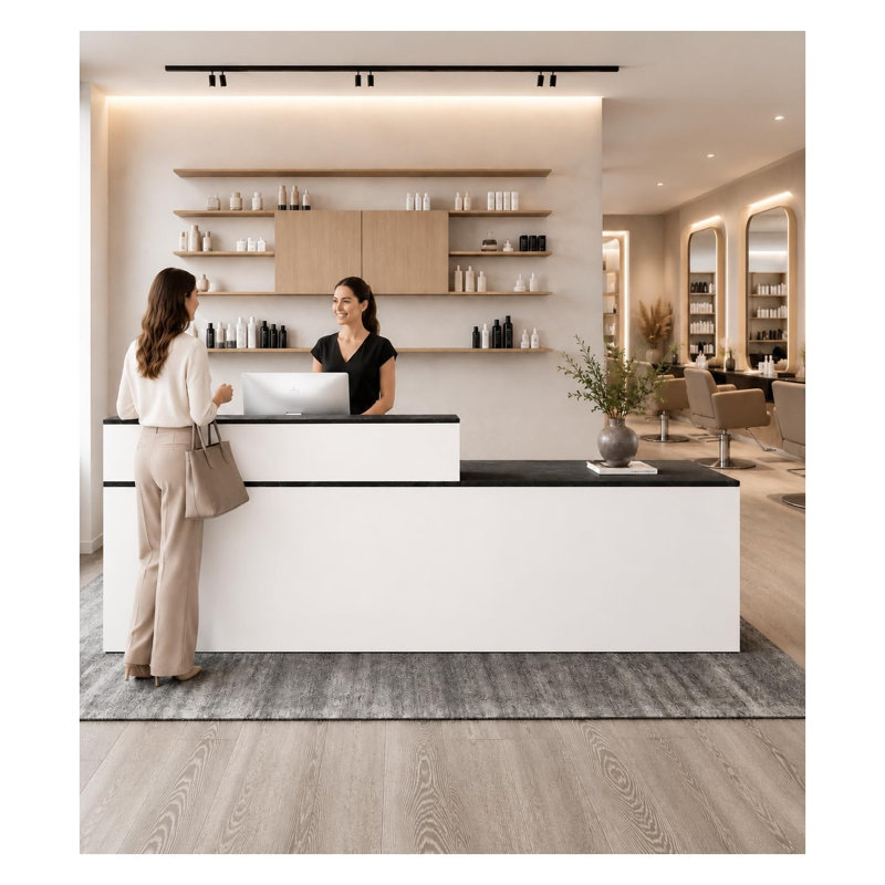 Bureau de réception en L 71 po avec comptoir, bureau moderne en bois d'ingénierie à deux tons pour hall d'entrée ou espace de travail, finition blanche et noire