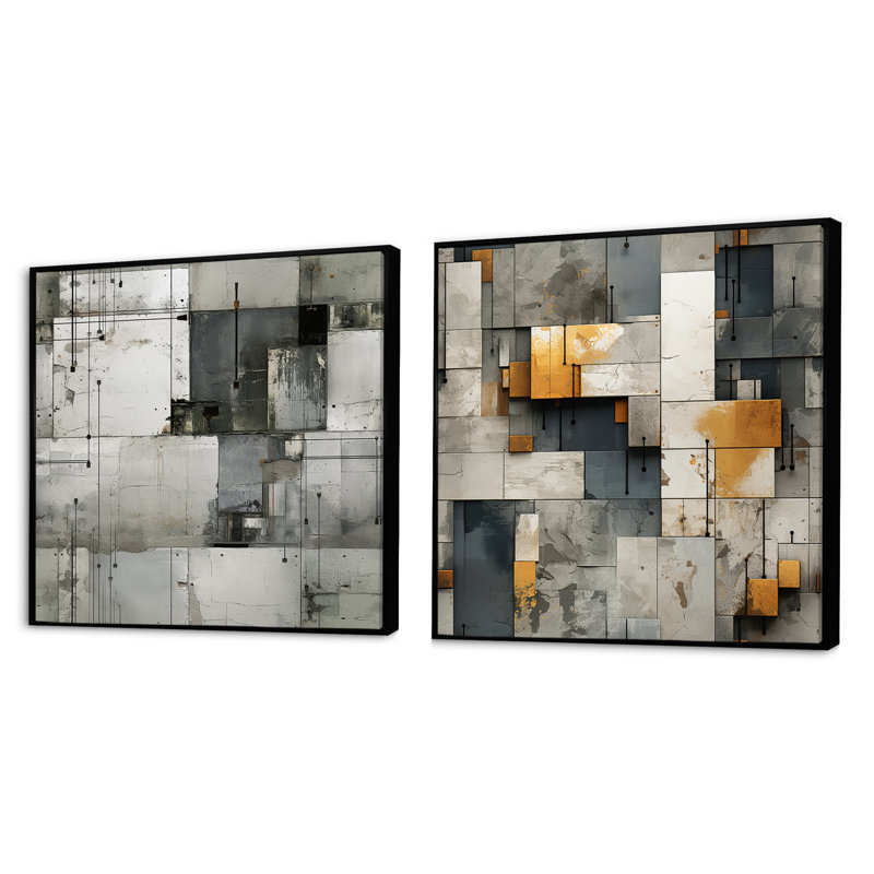 Fortun - Ensemble de 2 collages carrés à formes abstraites, Cadre flottant noir, H 16 po x l 33 po