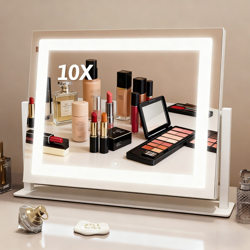 Lighted Vanity Mirror With Smart Touch Control, 3 Color Modes & Brightness Adjustable, LED Makeup Mirror With 10X Magnification, 360° Rotation, Sturdy Aluminum Frame