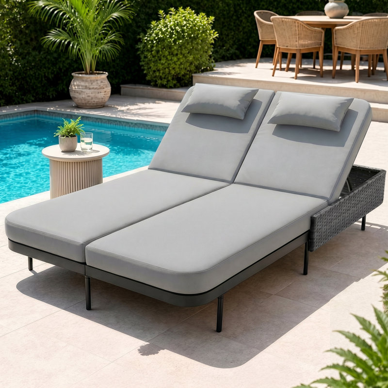 Outdoor Wicker Double Chaise Lounge Poolside Daybed for 2, Patio Sun Lounger with Cushions and 6-Position Adjustable Backrests