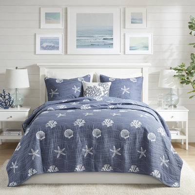 Literie bleu marine en coton (grand lit/queen) - Décor coquillage brodé, entretien facile, lavable à la machine, 4 pièces réversible avec coquillage.