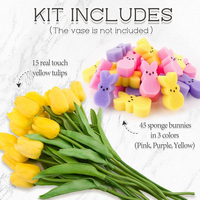 Décorations de Pâques - Pâques Peeps Decor - 15 tulipes artificielles avec 45 ensembles de remplissage de vase pour lapins, centres de table pour la maison