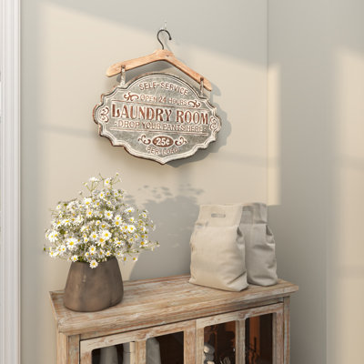 Gray Metal Sign Laundry Room Wall Decor with Brown Wood Hanger