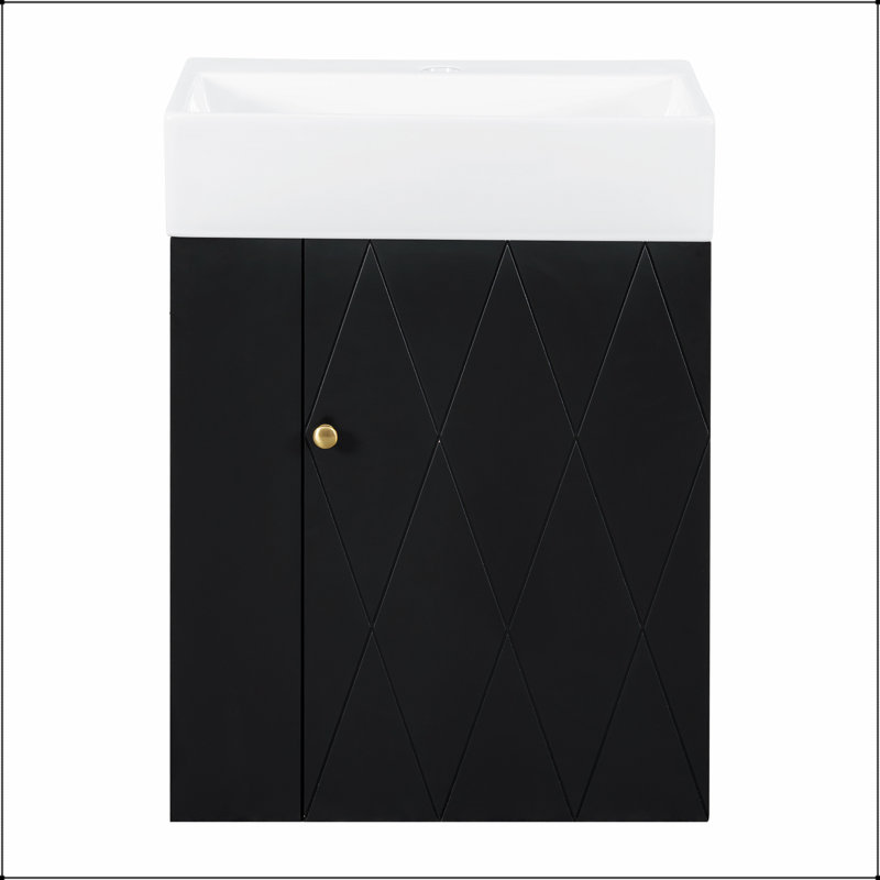 Meuble-lavabo moderne de 20 pouces avec lavabo en céramique, porte à motif de losanges, poignée dorée et tablettes de rangement latérales pour petits espaces