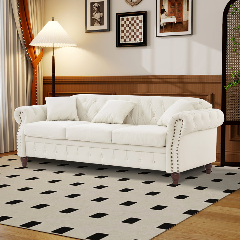 Canapé Chesterfield en similicuir avec rangement, Ivoire ivoire
