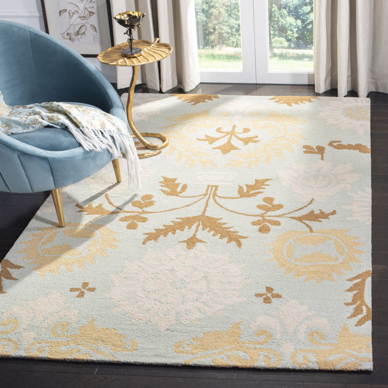 Tapis bleu en laine à boucles fait à la main Jahiem, Rectangle 8 pi x 10 pi