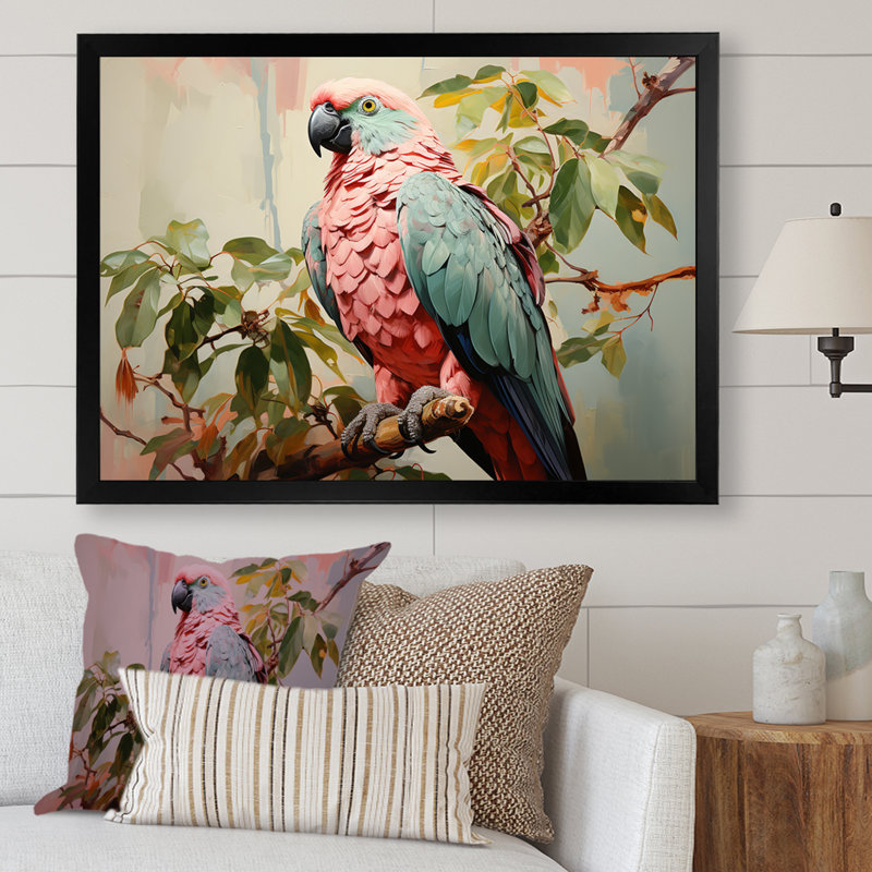 «Blue and Pink Parrot Paradise II», art mural perroquet, Cadre d'angle fermé noir, H 16 po x l 32 po x P 1 po