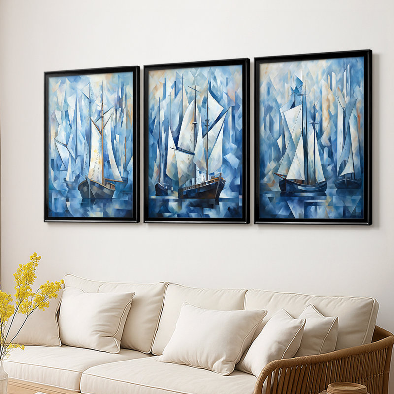 NAUTICAL Series CCCCLIXIX - Toile tendue avec châssis sur mesure - 3 pièces, Noir, H 30 po x l 63 po