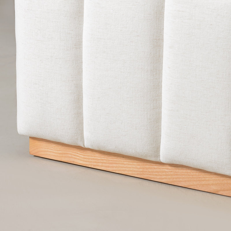 Cadre de lit capitonné en lin et polyester, tête de lit entièrement recouverte de tissu, lit plateforme, Queen, Beige