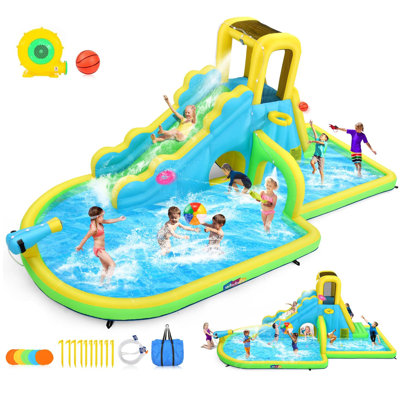 Adam 18'X7.54' Water Slide Inflatable Water Bounce House Park For Kids Backyard Outdoor Fun With Blower, Blow Up Water Slide Castle W/Climbing Wall, Long Slide, Pool, Water Gun, Basketball Hoop & Tunnel