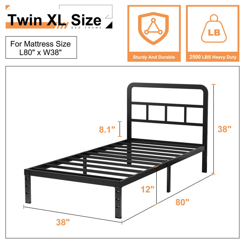 Javoronkov Metal Frame Bed with Headboard, Extra-long Twin