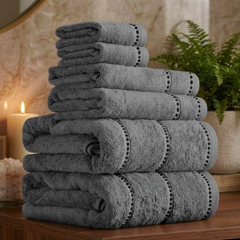 Ensemble de serviettes de salle de bain 6 pièces Lavish Home - Essentiels de salle de bain 100% coton 525GSM - 2 draps de bain, 2 essuie-mains et 2 débarbouillettes pour salle de bain, douche, gymnase, spa et dortoir (argent / noir)