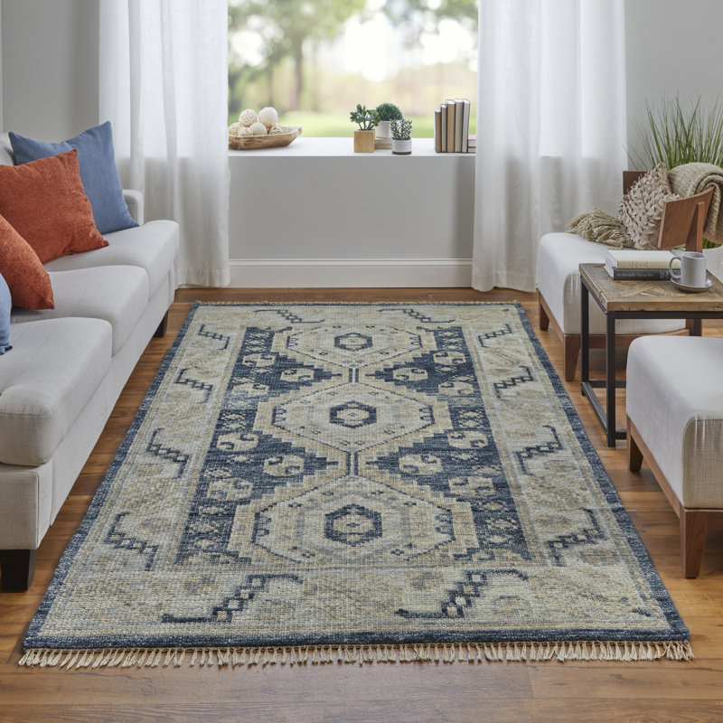 Nanayaw Hand Knotted Wool Geometric Area Rug, Rectangle 9' x 12'