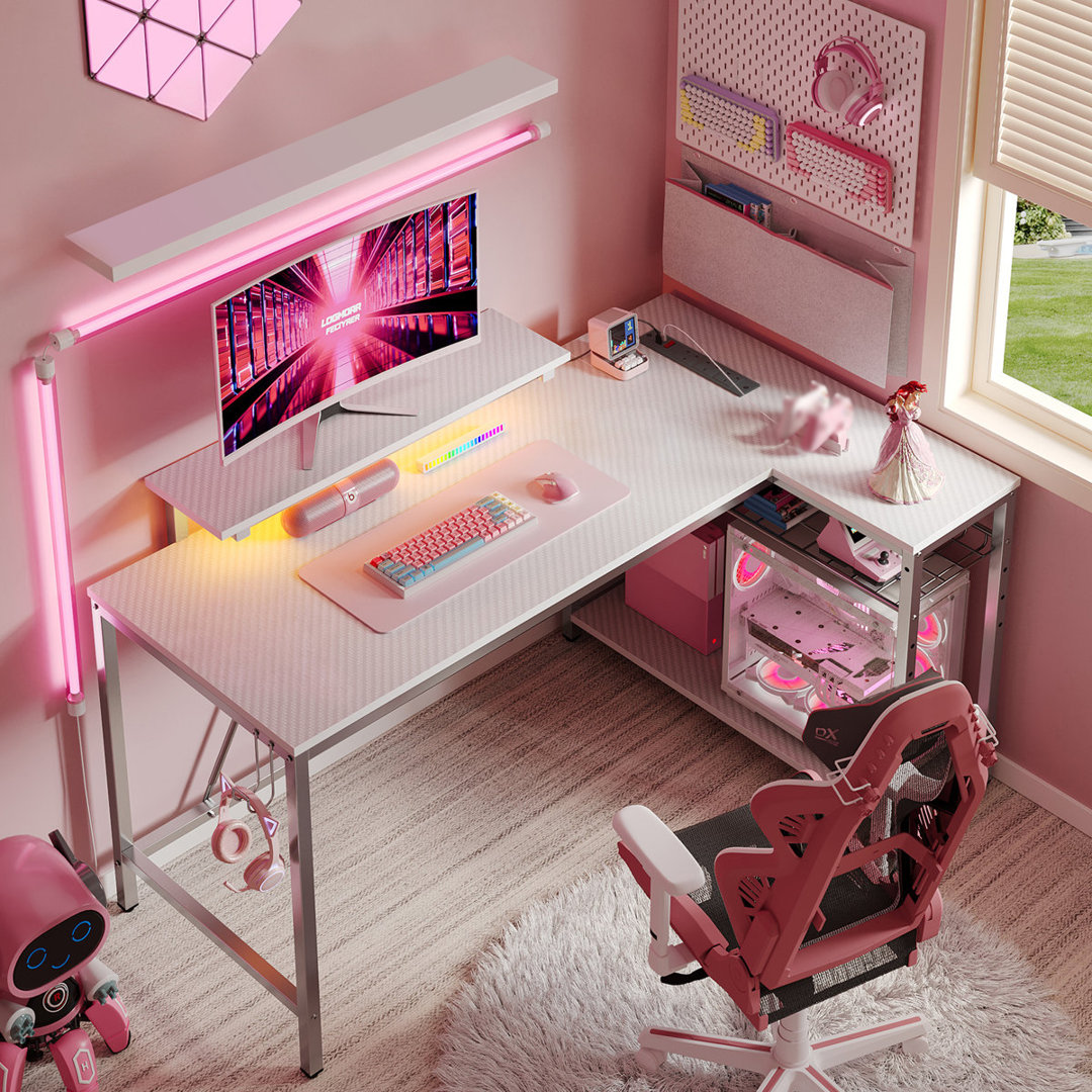 Baford L-Shaped Computer Desk with Power Outlet, Gaming Table with Monitor Stand and Shelves