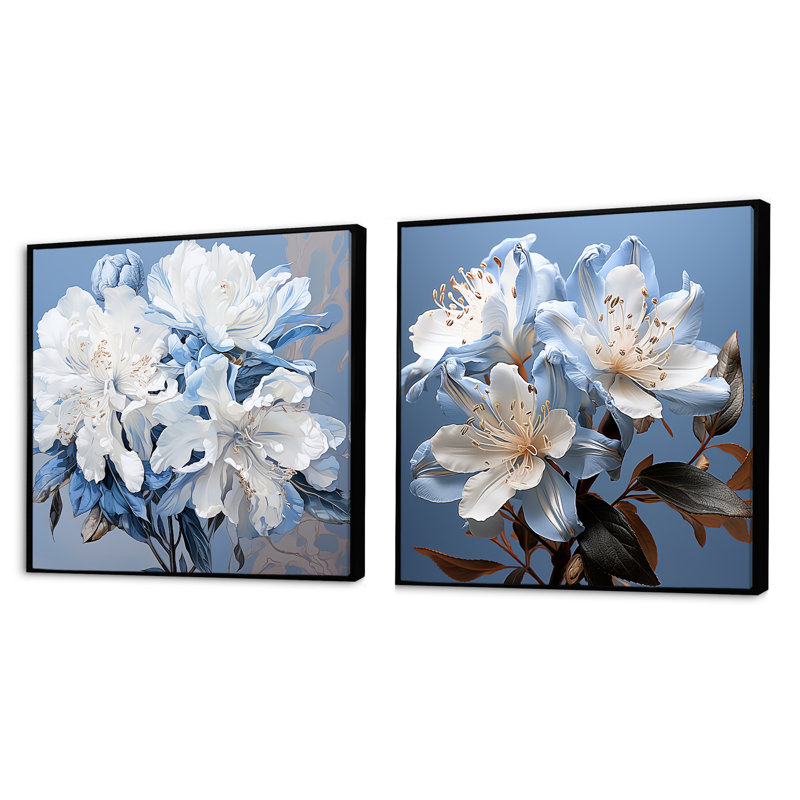Bouquet de rhododendrons en pleine floraison III - ensemble de 2 collages rhododendrons carrés, Cadre flottant noir