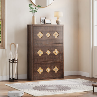 Shoe Storage Cabinet with 3 Flip Drawers, Floral Pattern Narrow Wood Shoe Organizer with Adjustable Shelves
