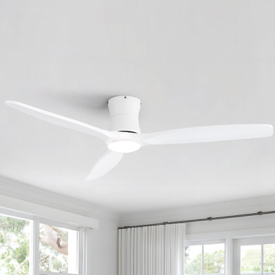 52" 3-Solid Wood Blade Transitional Modern Flush Mount Dimmable Led Ceiling Fan With Light Kit And Remote Control