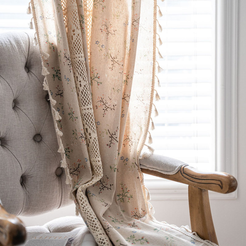 Anclote Cotton Linen Curtains Vintage Hollow Out Translucent Beige Khaki Flowers (Set of 2), 59" W x 63" L