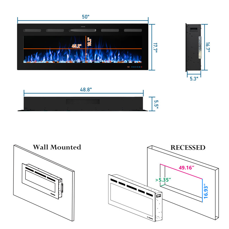 Cassella Black Electric Fireplace with 5120 BTU, 17.7"H x 50"W x 5.3"D