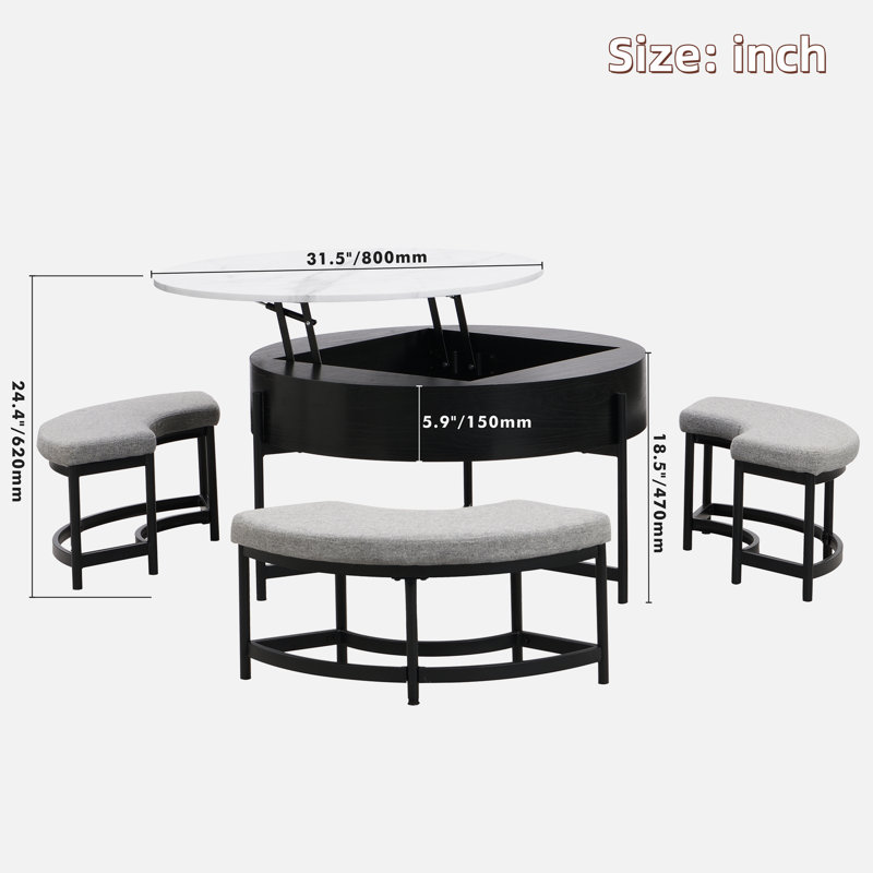 Modern Lift-up Folding Coffee Table With 4 Stools, 2 Drawers And Hidden Storage Space , Black