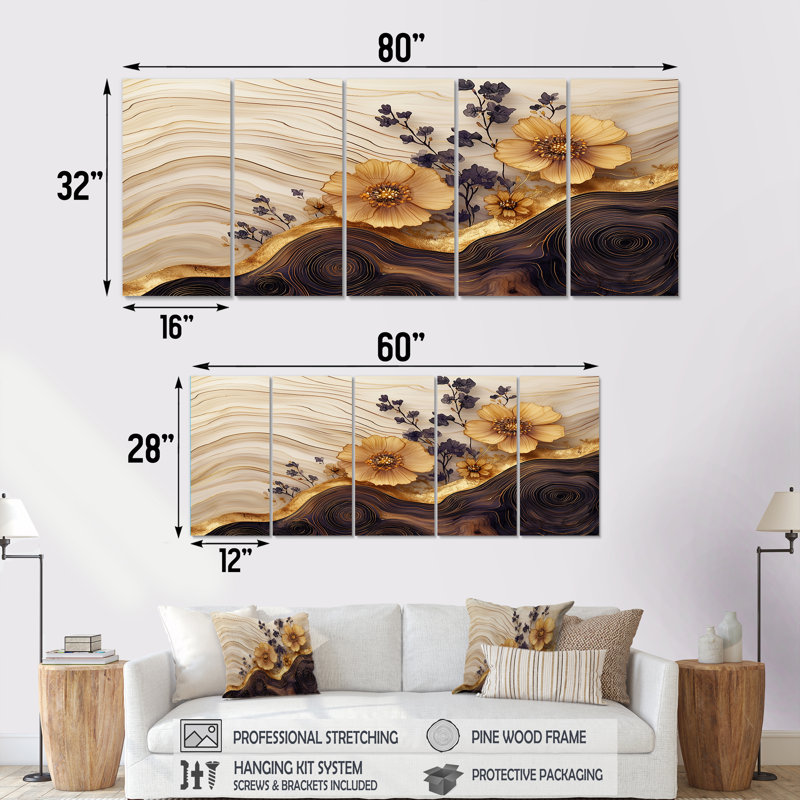 Fleurs sauvages sur une rivière en bois I - Art mural fleurs sauvages - ensemble de 5 décorations murales traditionnelles