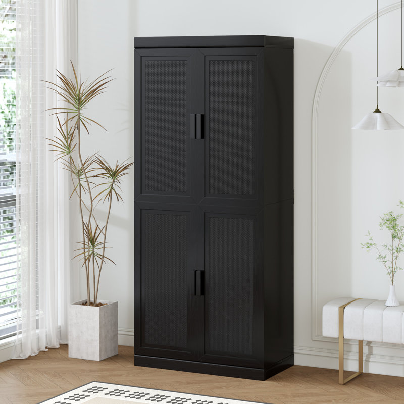 Rattan Storage Cabinet with Adjustable Shelves, Black, 36" H x 31" W x 16" D