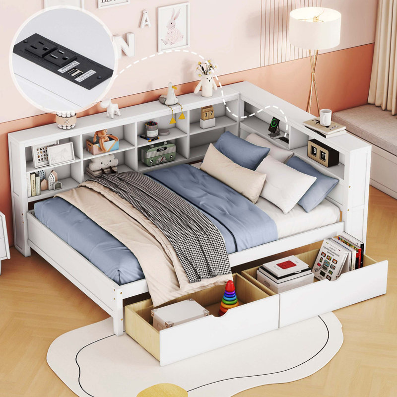 White Wooden Full Size Daybed With 2 Drawers, Storage Shelf & USB Charging Ports, White, Full
